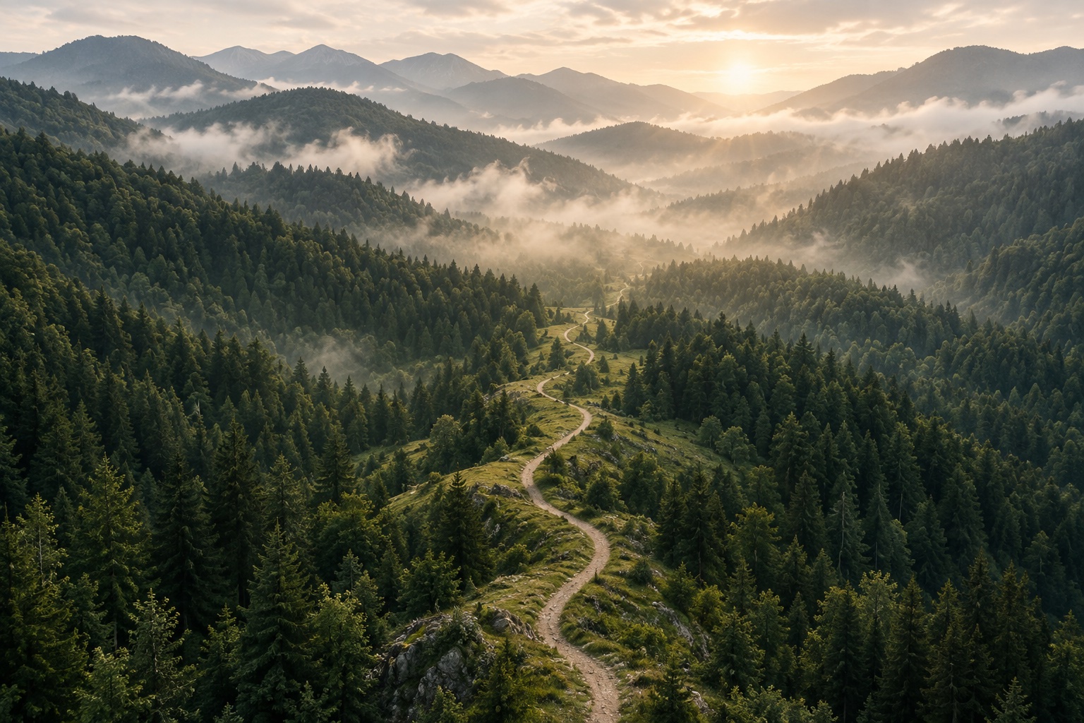 A winding trail through a forested mountain valley